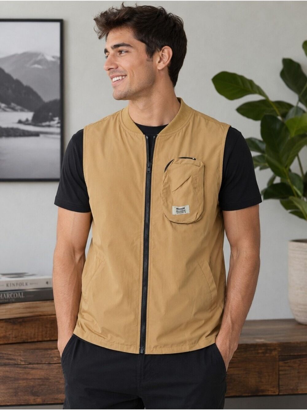 Reason Utility Zip Front Vest Tan Size XL